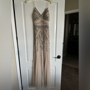 Strapless Beaded Gown in Cream and Silver